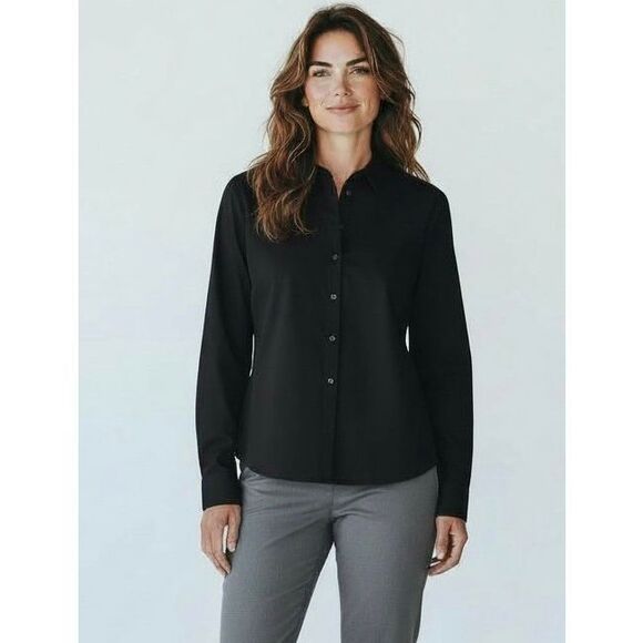 NWT CHICO’S Sloane Black Button Down Shirt Sz 1 (M/8) Effortless No-Iron Cotton - Picture 1 of 16